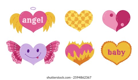 Cute cartoon set with hearts in Y2k aesthetic with lettering Angel. Baby, Yin Yang, checkered, . Retro love symbol from 90s and 00s. Hand drawn simple heart with print. Nostalgia for 1990s vibe.