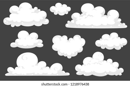 Cute Cartoon Set of isolated clouds in sky, cumulus clouds, cloudscape, summer day, weather forecast, white cloud vector illustration