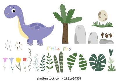 Cute cartoon set with joyful brontosaurus, grass, green tropical leave, stones, footprints, flowers and text ' little Dino'.   Herbivorous dinosaur on a white background. Cheerful prehistoric animal. 