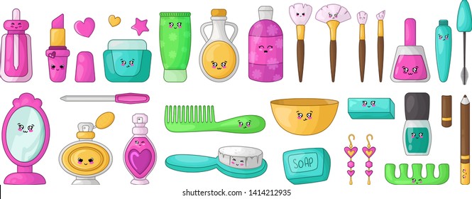 Cute cartoon set with kawaii cosmetics and fashion things - lipstick, nail polish, mascara, eyebrow pencil, makeup brushes, perfume, cream, woman stuff or girls accessory, vector flat illustration