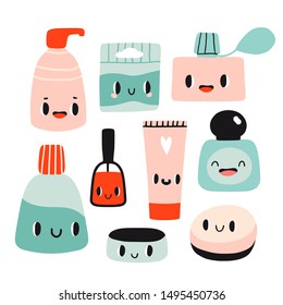 Cute cartoon set with kawaii cosmetics. Flat style girls beauty accessories. Cream, tubes, perfume, nail polish with smiling faces. Woman stuff concept. Face, skin care products. Vector illustration