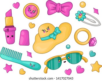 Cute Cartoon Set With Kawaii Fashion Girls Accessories - Pink Lipstick, Hat, Sunglasses, Hairbrush, Ring With Crystal, Woman Stuff Concept, Vector Flat Illustration