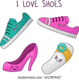 Cute cartoon set with kawaii fashion girls shoes - pink sneakers, slippers; flip flops, classic court shoes, woman stuff concept, vector flat illustration