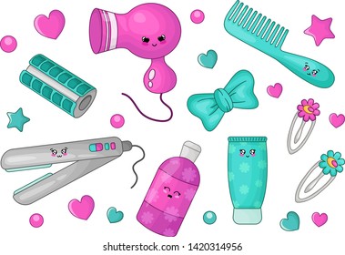 Cute cartoon set with kawaii hairdressing tools and hair accessories - hair dryer, hairpin, curlers, brush, straightener, shampoo or lotion, bow. woman, girls stuff, vector flat