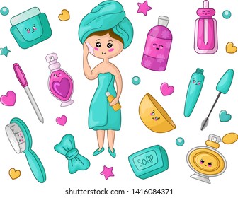 Cute cartoon set with kawaii little girl and cosmetics, fashion things - face cream or lotion, mascara, perfume, nail file, bow, soap and body brush, woman stuff or girls accessory, vector flat