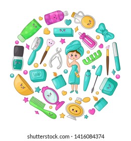 Cute cartoon set with kawaii little girl and cosmetics, beauty things - soap, comb, nail polish, mascara, mirror, makeup brush, perfume, cream or lotion, woman stuff or girls accessory, vector flat