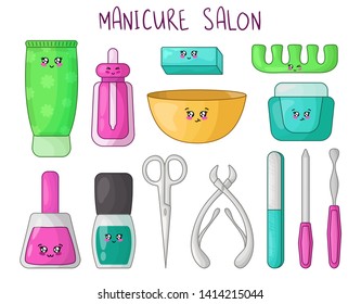 Cute cartoon set with kawaii manicure products - nail polish, hand cream, cuticle oil, scissors, nail file, woman stuff or girls accessory concept - manicure salon, vector flat illustration