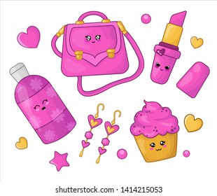 Cute cartoon set with kawaii pink glamour cosmetics and accessories - lipstick, cream or lotion, handbag, earrings, cake, woman stuff or girls fashion things, vector flat illustration