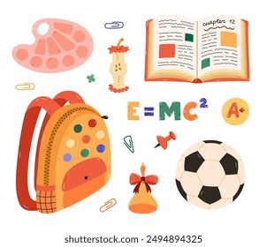 Cute cartoon set with kids school supplies. Hand drawn collection of schoolbag, open text book, globe, paint palette, apple core, soccer ball. Back to school clipart for study, draw and work.