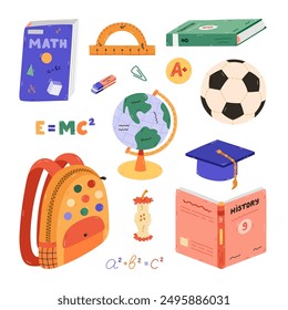 Cute cartoon set with kids school supplies. Hand drawn collection of schoolbag, textbook, globe, stationery, snack, hat, soccer ball. Back to school clipart for study, draw and work isolated on white.