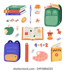 Cute cartoon set with kids school supplies. Hand drawn collection of schoolbag, textbook, stationery, snack, science formula, bell, palette,. Back to school clipart for study, draw and work isolated