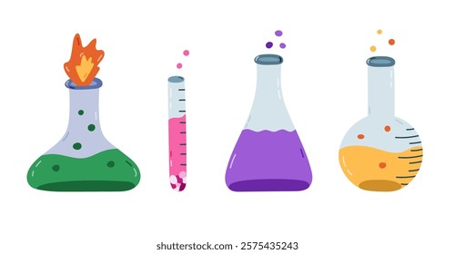 Cute cartoon set with laboratory beaker with fire, chemical solution, reagent and bubble. Flat-bottomed, round flask, glassware, tube for scientific, chemistry experiment. Hand drawn lab equipment.