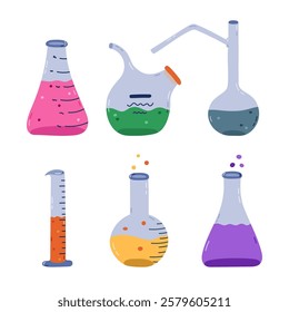 Cute cartoon set with laboratory beaker with chemical solution, reagent and bubble. Flat-bottomed, round flask, glassware, tube for scientific, chemistry experiment. Hand drawn isolated lab equipment.