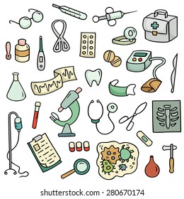 Cute cartoon set of laboratory equipments. Medical collection of hospital tools. Hand-drawn vector illustration isolated on white. All objects organized in groups for easy editing.