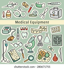 Cute cartoon set of laboratory equipments. Medical collection of hospital tools. Hand-drawn vector illustration. All objects organized in groups for easy editing.