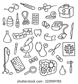 Cute cartoon set of laboratory equipments. Medical collection of hospital tools. Hand-drawn black vector illustration isolated on white. All objects organized in groups for easy editing.