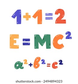 Nettes Cartoon-Set mit Schriftzügen von physikalischen und mathematischen Formeln. Konzept der Rückkehr in die Schule. E ist gleich MC-Quadrat, 1 plus 1 ist gleich 2, A plus B ist gleich C. Handgezeichneter Clipart isoliert auf Weiß.