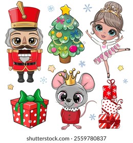 Cute Cartoon Set with Nutcracker, ballerina, and mouse isolated on white background