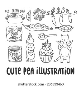 Cute cartoon set of pea illustrations