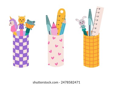 Cute cartoon set of pencil cups with checkered and heart pattern with school supplies. Stationery container with pencil, pens, rulers. Holder case for office stationary. Vector back to school clipart