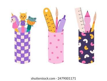 Cute cartoon set of pencil cups with dot, geometric and checkered pattern with school supplies. Stationery container with pencil, pens, rulers. Holder case for office. Vector back to school clipart