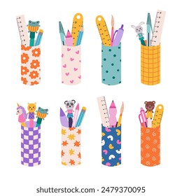 Cute cartoon set of pencil cups with trendy pattern with school supplies. Stationery container with pencil, pens, rulers. School cup, holder case for office stationary. Vector back to school clipart.
