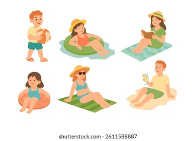 Cute cartoon set of people relaxing on beach with drinks, float rings and towels.