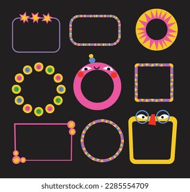 Cute Cartoon setzt Bilderrahmen. Moderne Rahmen für positives helles Design. Einzelne Clipkunst für Kinder mit Lächeln und geometrischen Formen. 