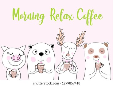 cute of cartoon set  pig,bear,raindeer animals set with cup of coffee   
