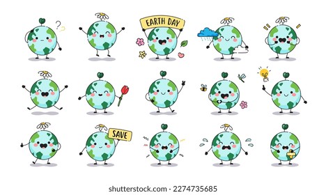 Cute cartoon set of planet Earth mascot for Earth day cards. Poster template Earth characters. Happy planet, Pollution, environment care and other icons. Vector clip art.