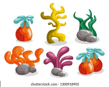 cute cartoon set of plants under the sea isolated on a white background