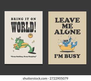 Lindo conjunto de dibujos animados, rana juguetona corriendo con tabla de surf y gato gruñón, Ilustración vectorial ideal para carteles, camisetas o arte de la pared.