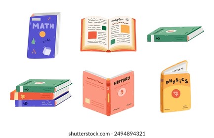 Lindo conjunto de dibujos animados con libro de texto escolar para diferentes temas. Libros académicos, literatura, enciclopedia. Suministros escolares para estudiar, leer, aprender. Ilustración vectorial aislada dibujada a mano