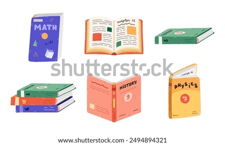 Cute cartoon set with school textbook for different subjects. Kids academic book, literature, encyclopedia. Back to school supply for study, reading, learning. Hand drawn isolated vector illustration