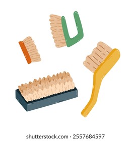 Cute cartoon set of scrubbing brushes different shapes and sizes to wash apartment. Hand drawn scrub master brush for intensive cleaning from grime and dirt. Funny colorful clipart isolated on white.