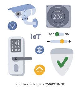 Cute cartoon set with security smart devices for home safety, surveillance, controlling via telephone. Hand drawn security camera, intelligence door lock, remote thermostat to protect property, house.