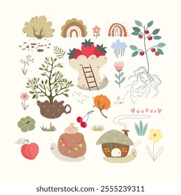 Cute cartoon set with snails, plants, rainbows and fruits, kids set. Vector illustration.