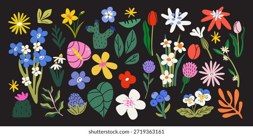 Cute cartoon set of spring flowers, leaves in hand drawn groovy style for stickers, greeting cards, patches, labels, stamps. Trendy hippie botanical wildflowers collection