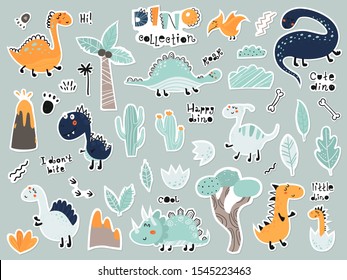 Cute cartoon set of stickers with dinosaurs, plants, volcano. Vector illustration for your design