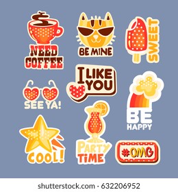 Cute cartoon set of stickers with short positive messages. Colorful cartoon detailed Illustrations