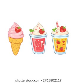 Cute cartoon set of strawberry soft serve ice cream in waffle cone and fruit smoothies with whipped cream on white background.