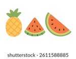 Cute cartoon set of tropical fruits including watermelon slices and pineapple in flat style.