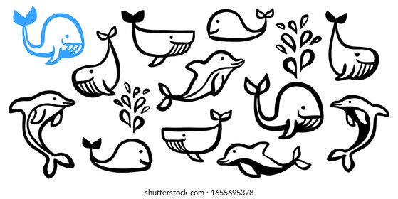 Cute cartoon set of whales and dolphins hand painted with ink brush stroke, isolated on white background. Grunge vector illustration