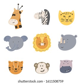 Cute cartoon set of wild african animals faces. Vector hand drawn animals heads illustration. Ideal for kids and baby fabric, nursery. Giraffe, elephant, lion, tiger and others on a white background.