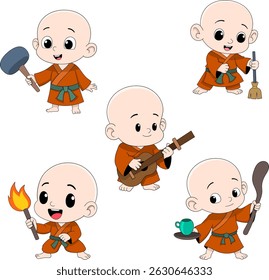 Cute cartoon set of young monk characters in orange robes performing various fun activities