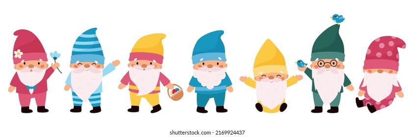Cute cartoon seven dwarfs for Snow White fairy tale. Kawaii garden gnomes on white background. Christmas gnomes. Vector flat illustration.