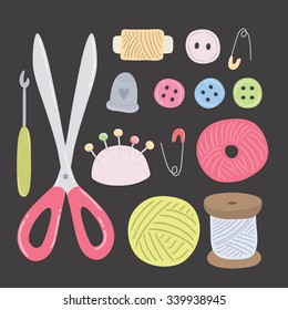 Cute cartoon sewing and knitting tools. Handmade equipment - scissors, buttons, yarn, needle, thimble, pin, needle, hook. Instruments for needlework.