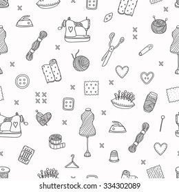 Cute Cartoon Sewing Tools Seamless Pattern. Sewing Machine, Scissors, Needle, Thread, Fabric, Textile...