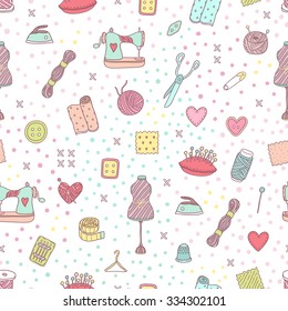 Cute cartoon Sewing tools seamless pattern. Sewing machine, scissors, needle, thread, fabric, textile...
