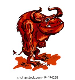 Cute cartoon shaggy red demon with horns